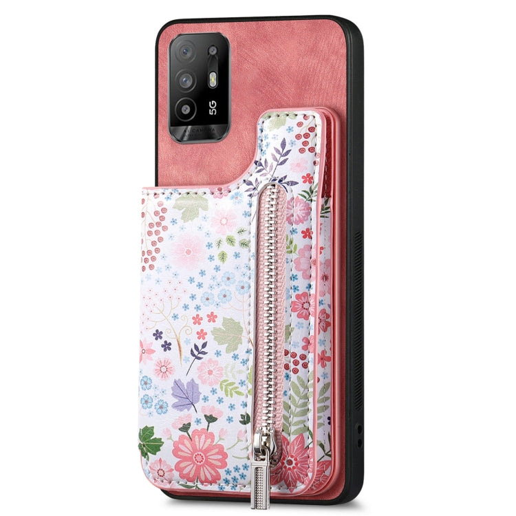 Pink retro painted zipper wallet case for OPPO F19 Pro+, showcasing card slots and kickstand feature.