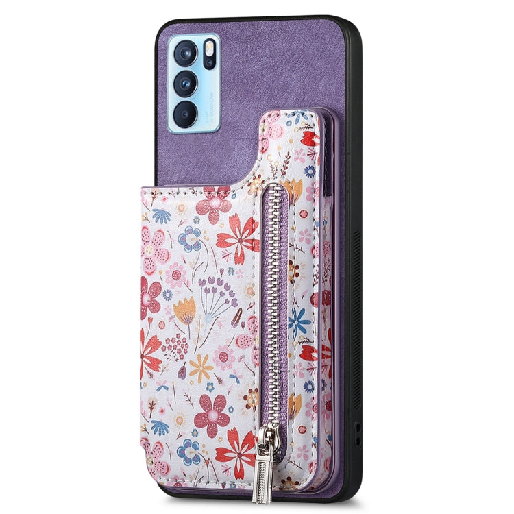 Purple retro painted zipper wallet case for OPPO Reno6 5G, showcasing its stylish design and functional features.