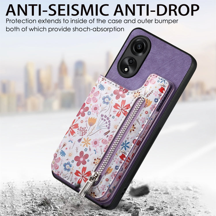 Purple retro painted zipper wallet case for OPPO Reno6 5G, showcasing its stylish design and functional features.