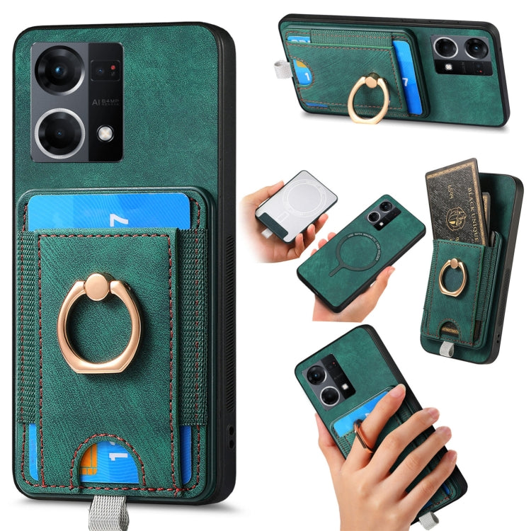 For OPPO Reno7 4G Retro Splitable Magnetic Card Bag Leather Phone Case showcasing its stylish design and magnetic card holder.