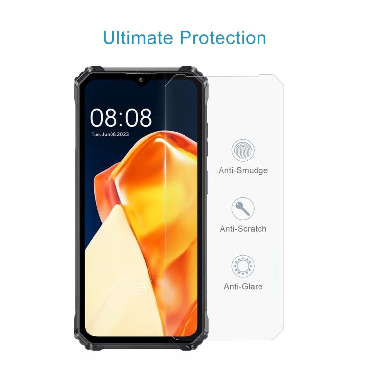 10 pieces of 0.3mm high aluminum tempered glass film for Oukitel WP28, showcasing its clarity and protective features.