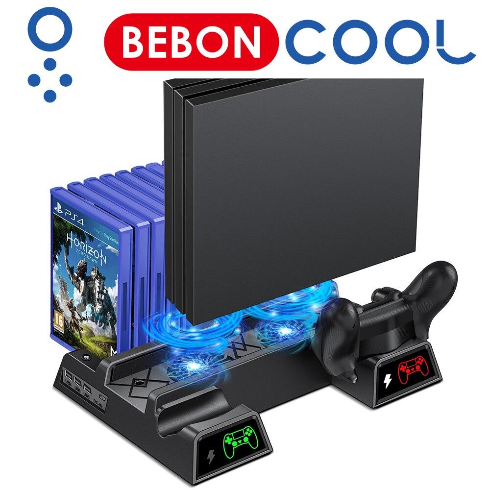 Vertical stand for PS4 with cooling fan and dual controller charger, designed for optimal performance and organization.