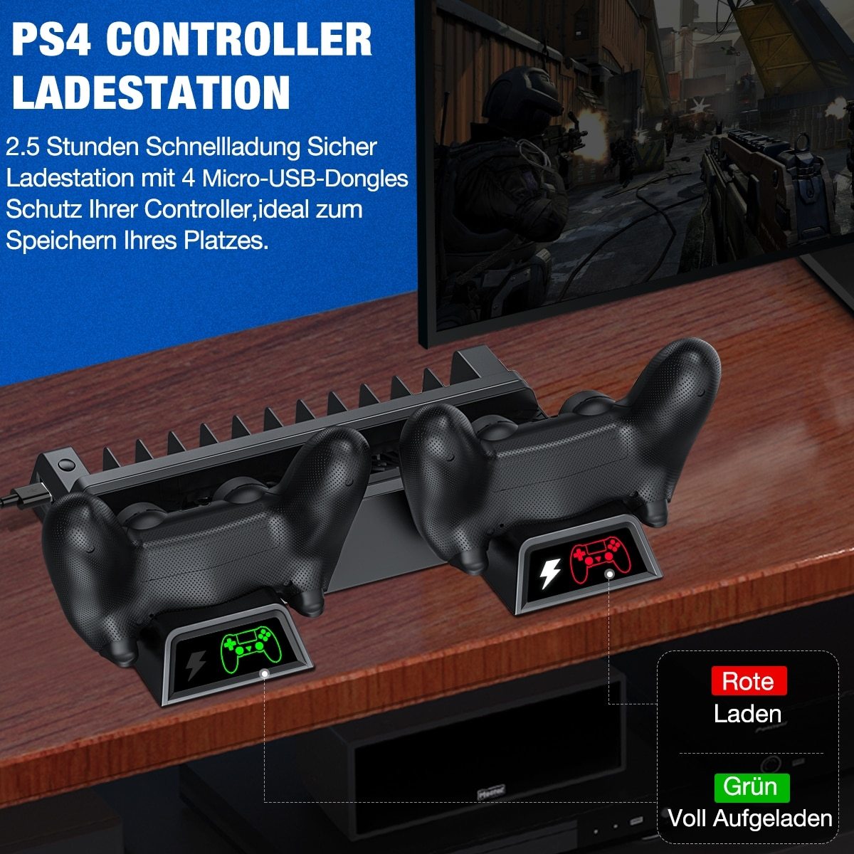 Vertical stand for PS4 with cooling fan and dual controller charger, designed for optimal performance and organization.