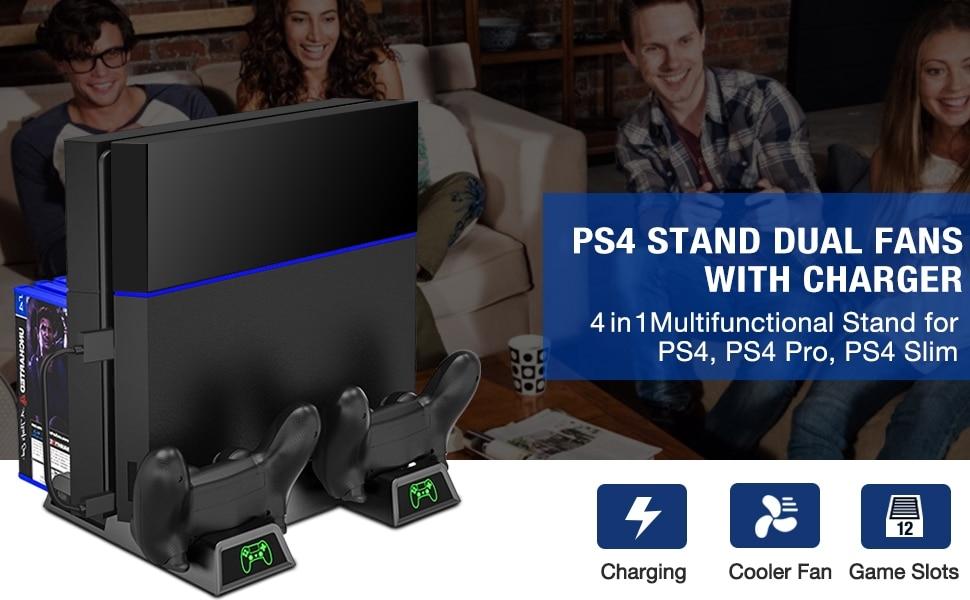 Vertical stand for PS4 with cooling fan and dual controller charger, designed for optimal performance and organization.