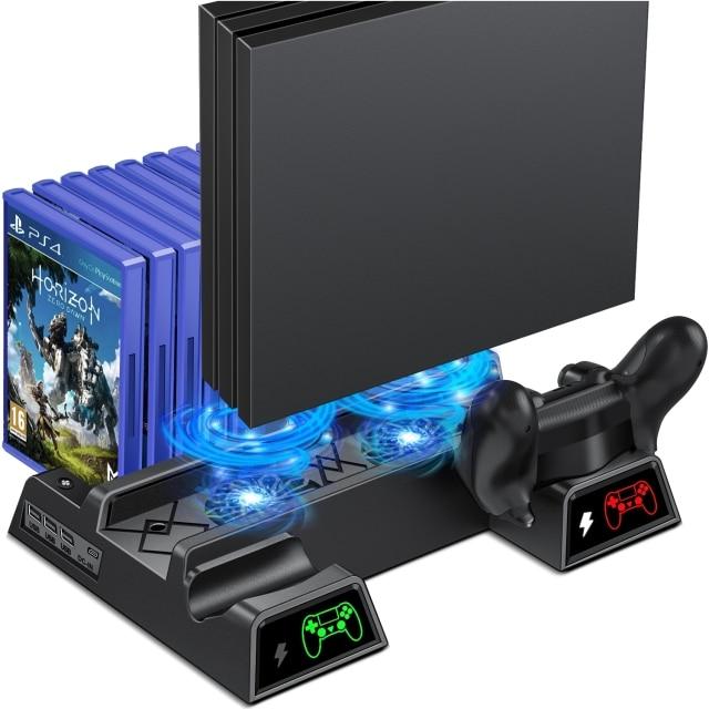 Vertical stand for PS4 with cooling fan and dual controller charger, designed for optimal performance and organization.