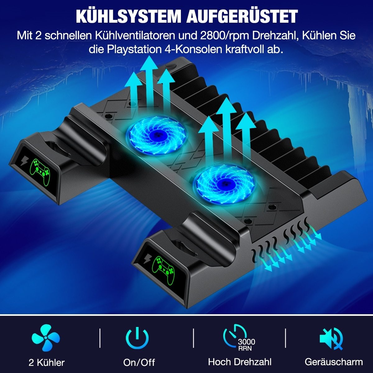 Vertical stand for PS4 with cooling fan and dual controller charger, designed for optimal performance and organization.