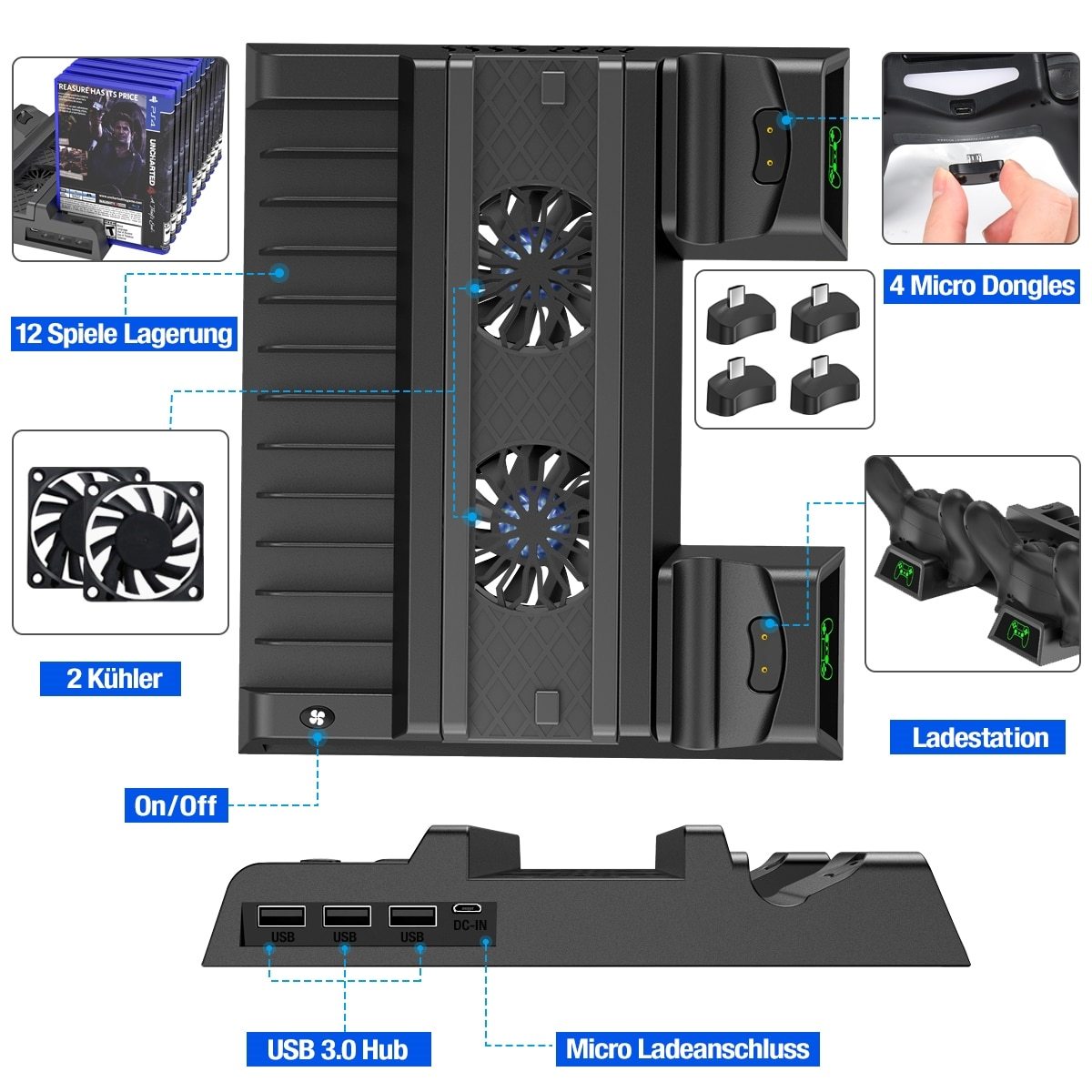 Vertical stand for PS4 with cooling fan and dual controller charger, designed for optimal performance and organization.