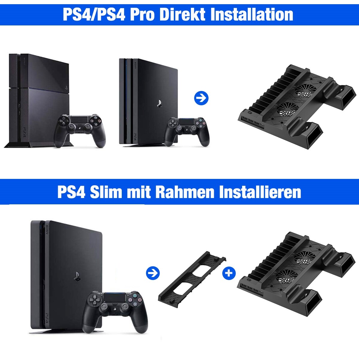 Vertical stand for PS4 with cooling fan and dual controller charger, designed for optimal performance and organization.