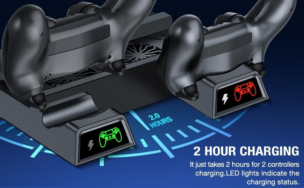 Vertical stand for PS4 with cooling fan and dual controller charger, designed for optimal performance and organization.