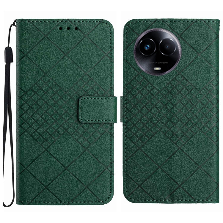 Green leather phone case for Realme 11 5G with rhombic grid texture, showcasing durability and style.