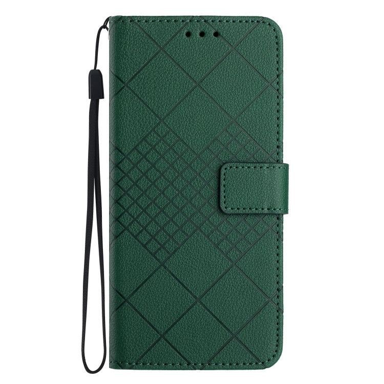 Green leather phone case for Realme 11 5G with rhombic grid texture, showcasing durability and style.