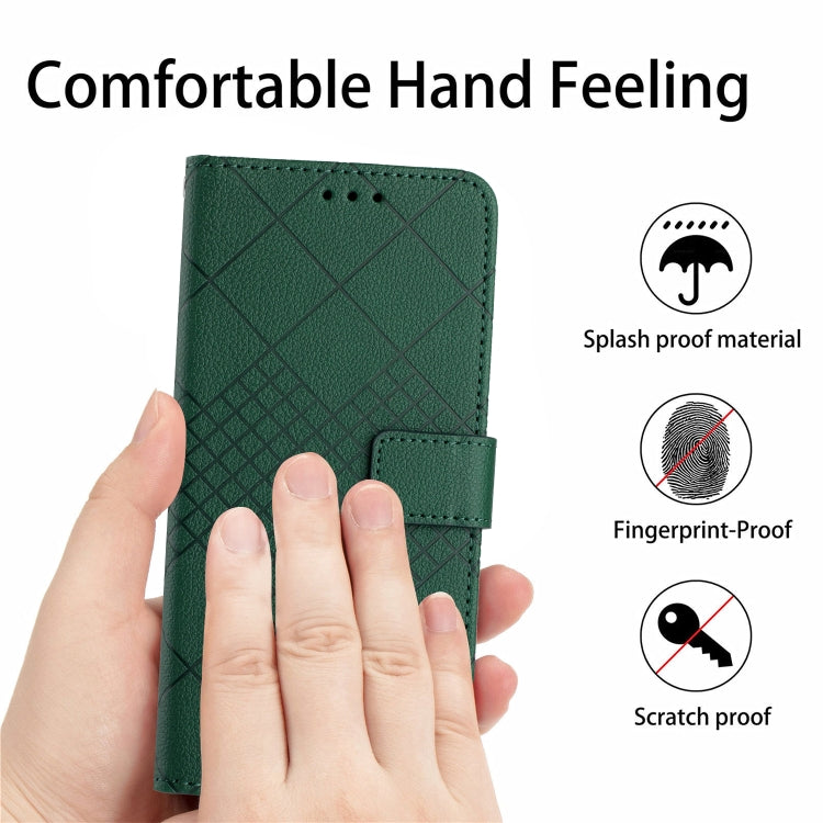 Green leather phone case for Realme 11 5G with rhombic grid texture, showcasing durability and style.