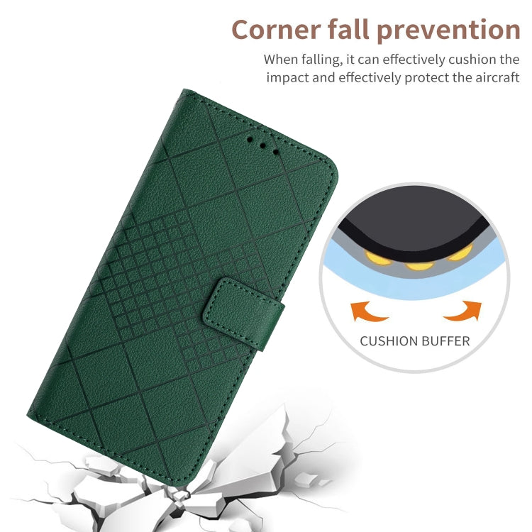 Green leather phone case for Realme 11 5G with rhombic grid texture, showcasing durability and style.