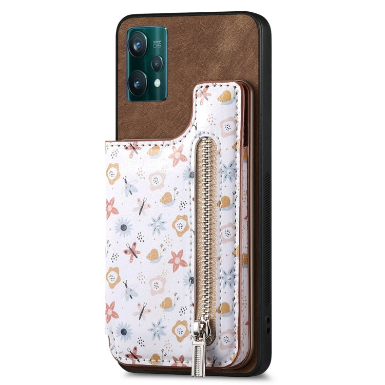 Brown Retro Painted Zipper Wallet Back Phone Case for Realme 9 Pro+, showcasing its stylish design and functional features.