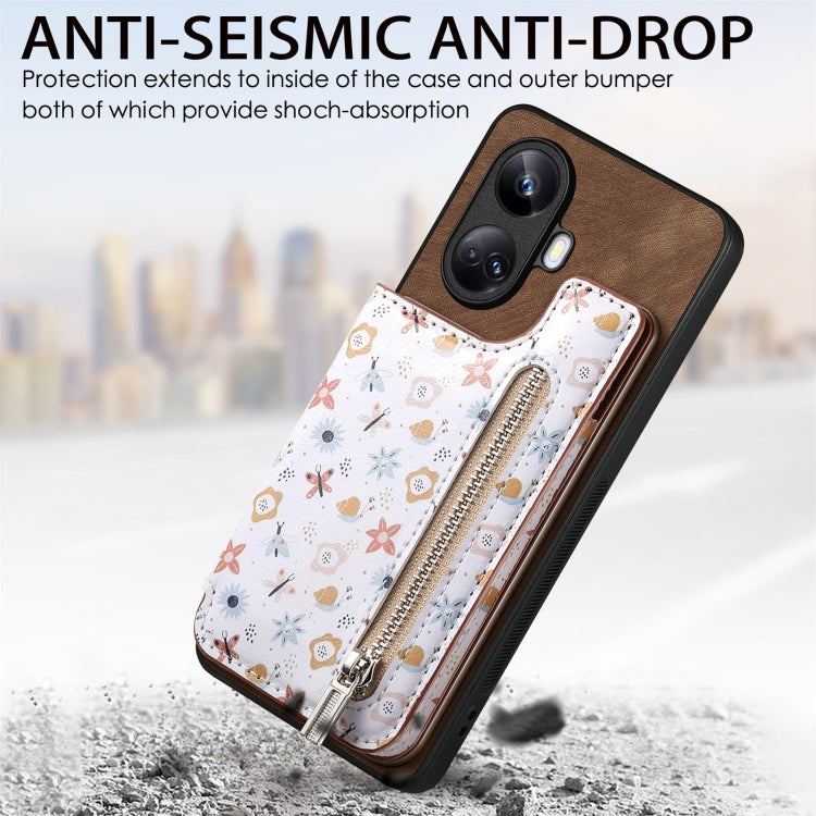 Brown Retro Painted Zipper Wallet Back Phone Case for Realme 9 Pro+, showcasing its stylish design and functional features.