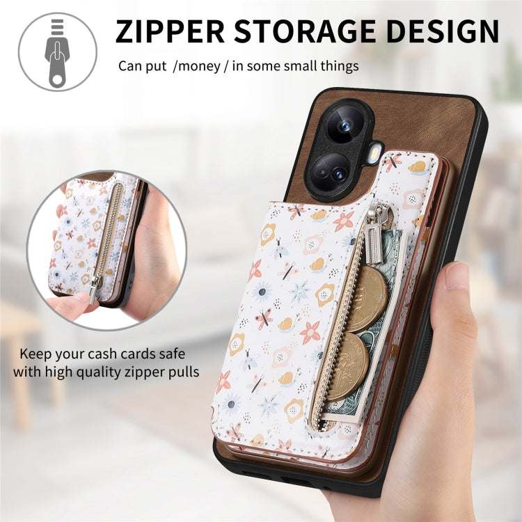 Brown Retro Painted Zipper Wallet Back Phone Case for Realme 9 Pro+, showcasing its stylish design and functional features.