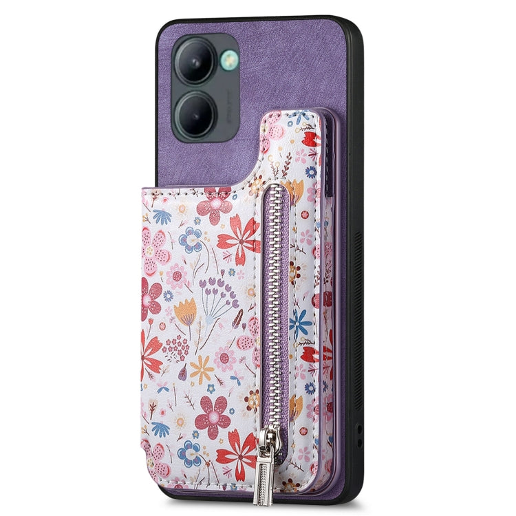 Purple Retro Painted Zipper Wallet Back Phone Case for Realme C33, showcasing its stylish design and card slots.