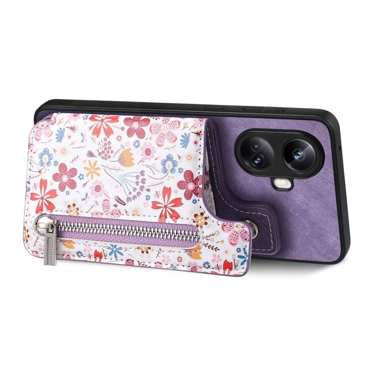 Purple Retro Painted Zipper Wallet Back Phone Case for Realme C33, showcasing its stylish design and card slots.