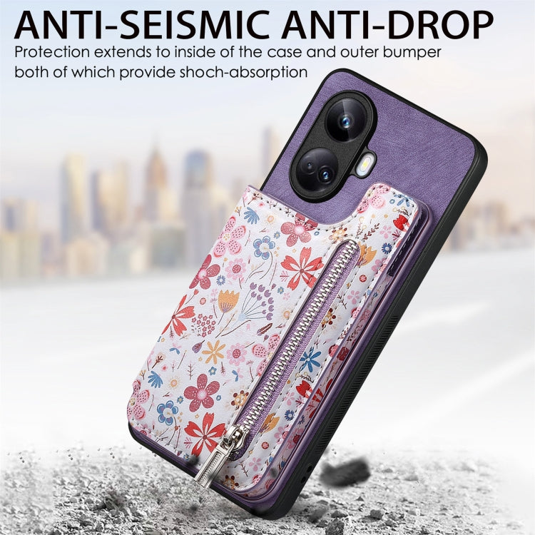 Purple Retro Painted Zipper Wallet Back Phone Case for Realme C33, showcasing its stylish design and card slots.