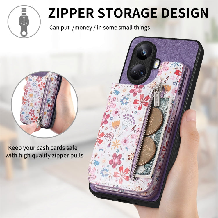 Purple Retro Painted Zipper Wallet Back Phone Case for Realme C33, showcasing its stylish design and card slots.