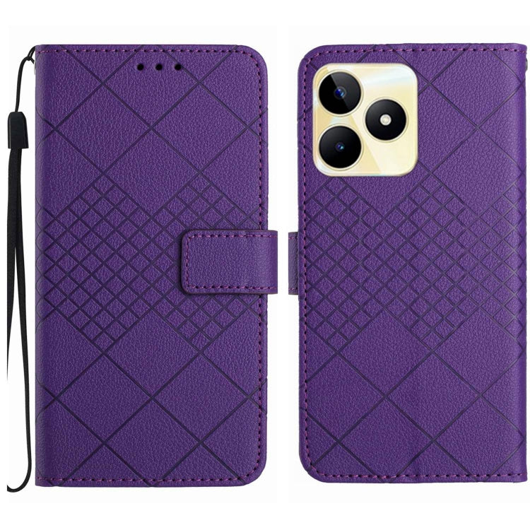 Rhombic grid texture leather phone case for Realme C53, C51, and Narzo N53, showcasing its stylish design and card slots.