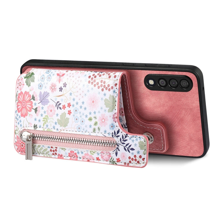 Samsung Galaxy A04e Retro Painted Zipper Wallet Case showcasing its stylish design and functional features.