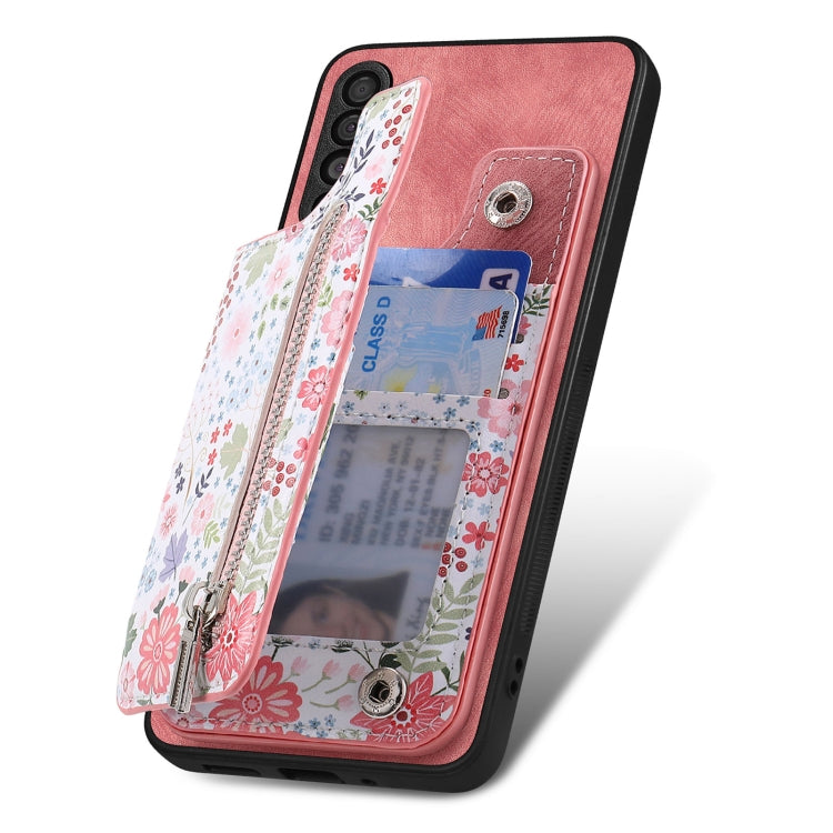 Samsung Galaxy A04e Retro Painted Zipper Wallet Case showcasing its stylish design and functional features.