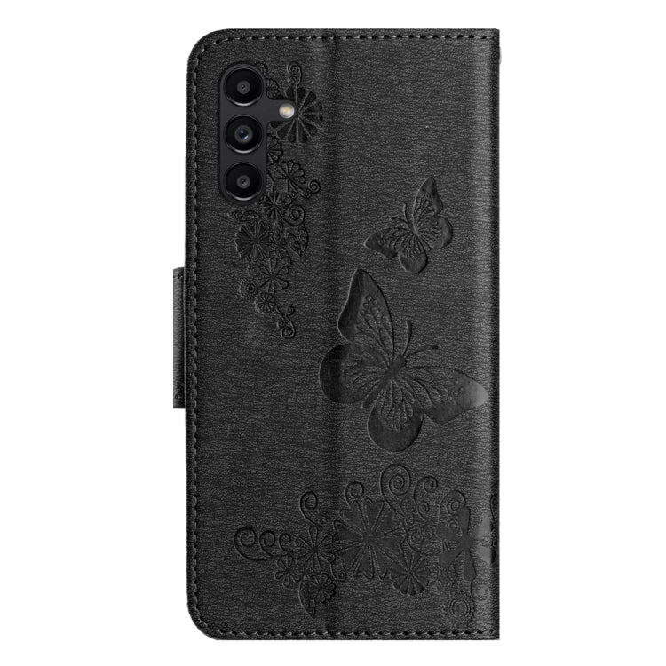 Butterfly Embossed Flip Leather Phone Case for Samsung Galaxy A05s, showcasing its stylish design and functional features.