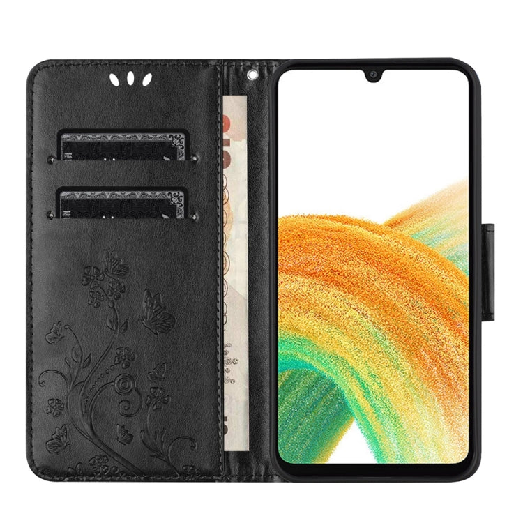 Butterfly Flower Pattern Flip Leather Phone Case for Samsung Galaxy A05s, showcasing its stylish design and functional features.