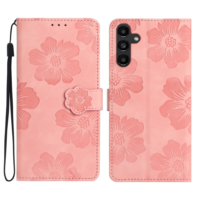 Flower embossing pattern leather phone case for Samsung Galaxy A05s, showcasing its stylish design and functional features.