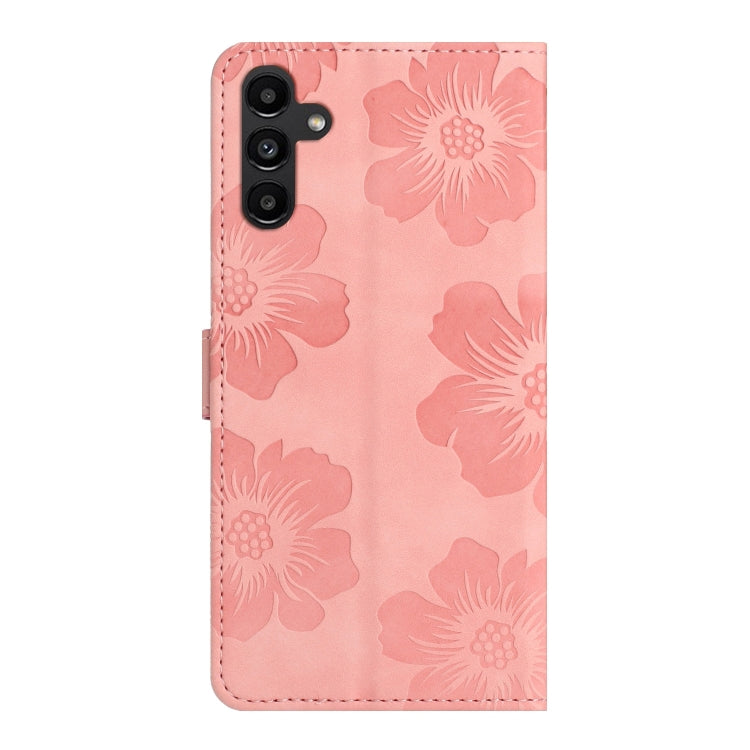 Flower embossing pattern leather phone case for Samsung Galaxy A05s, showcasing its stylish design and functional features.