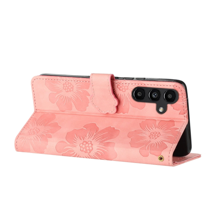 Flower embossing pattern leather phone case for Samsung Galaxy A05s, showcasing its stylish design and functional features.