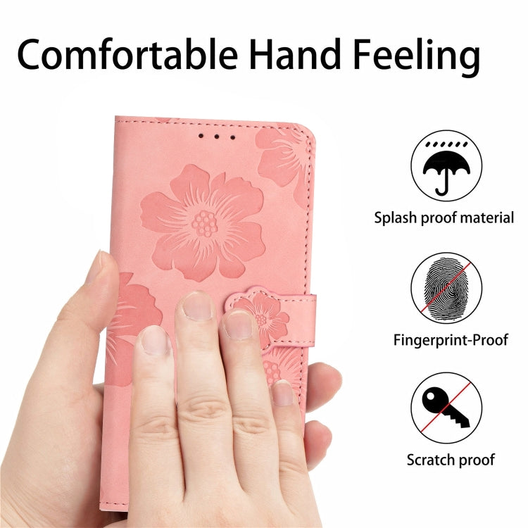 Flower embossing pattern leather phone case for Samsung Galaxy A05s, showcasing its stylish design and functional features.