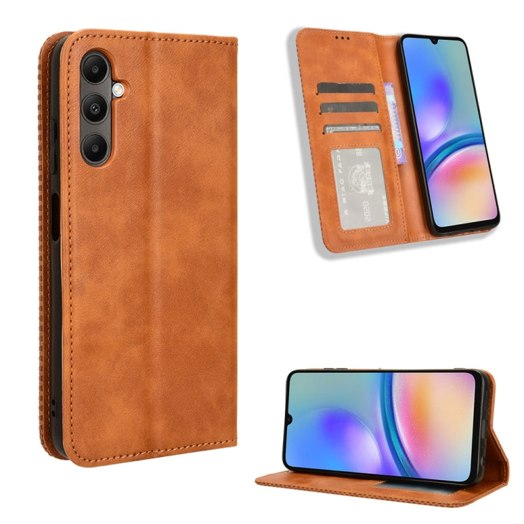 Samsung Galaxy A05s Magnetic Buckle Retro Texture Leather Phone Case in brown with card slots and a magnetic closure.