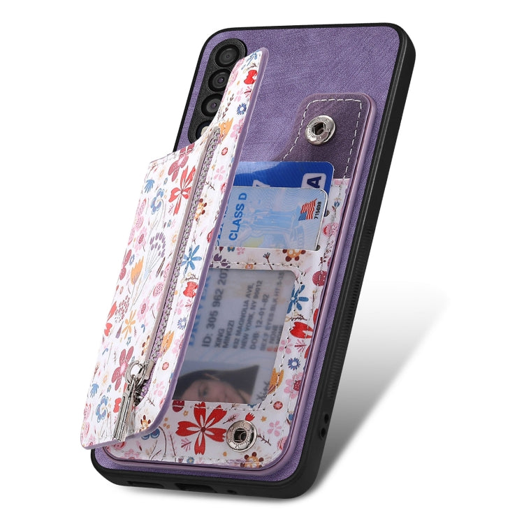 Samsung Galaxy A05s Retro Painted Zipper Wallet Case showcasing its stylish design and functional features.