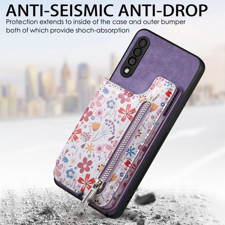 Samsung Galaxy A05s Retro Painted Zipper Wallet Case showcasing its stylish design and functional features.