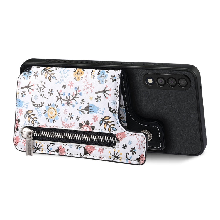 Samsung Galaxy A05s Retro Painted Zipper Wallet Case showcasing its stylish design and functional features.