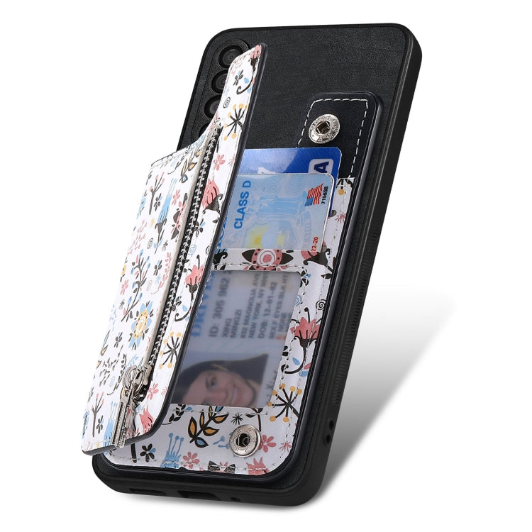 Samsung Galaxy A05s Retro Painted Zipper Wallet Case showcasing its stylish design and functional features.