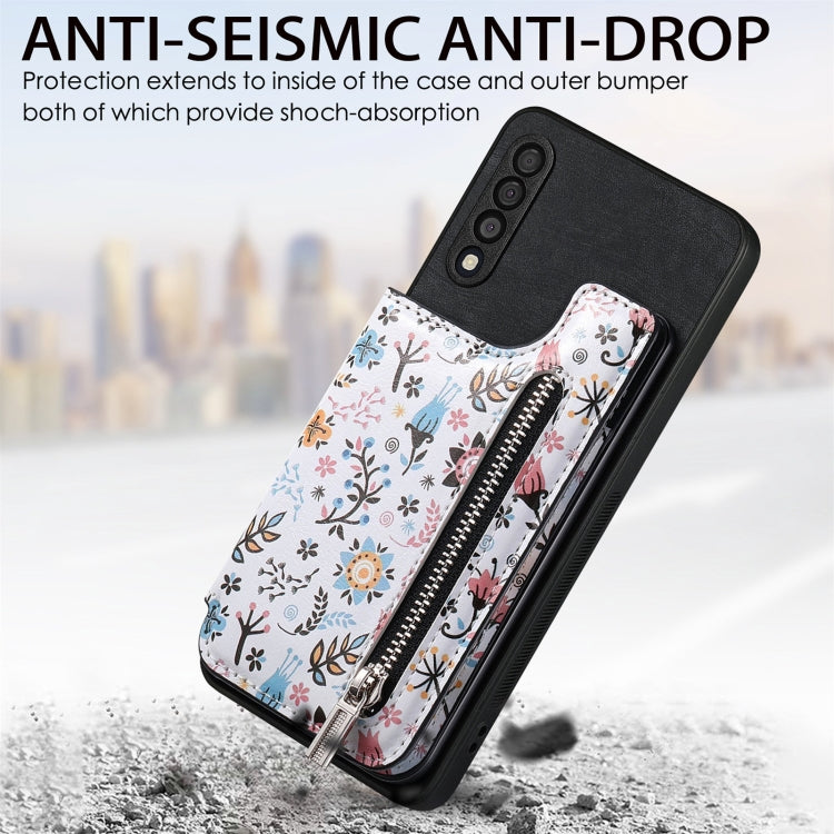 Samsung Galaxy A05s Retro Painted Zipper Wallet Case showcasing its stylish design and functional features.