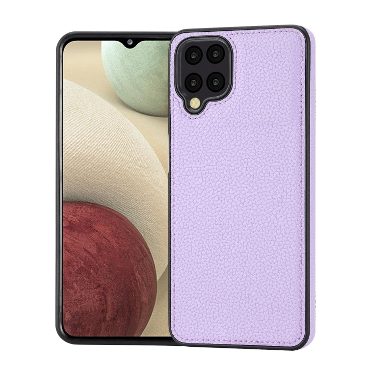 Samsung Galaxy A12 case featuring a stylish litchi pattern and stitched design, providing protection and easy access to buttons.