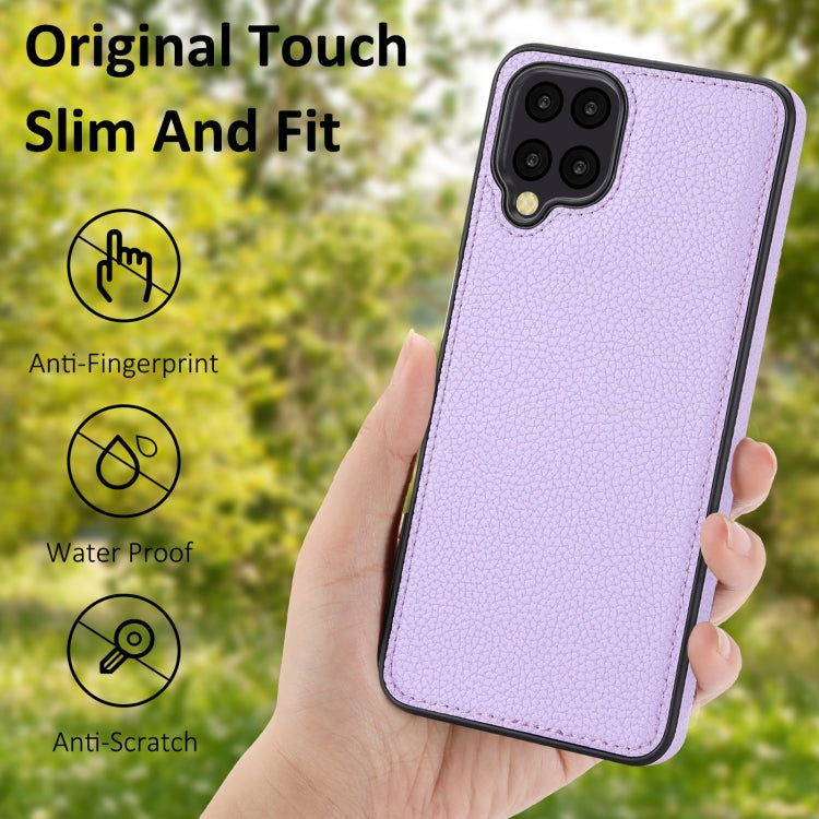 Samsung Galaxy A12 case featuring a stylish litchi pattern and stitched design, providing protection and easy access to buttons.