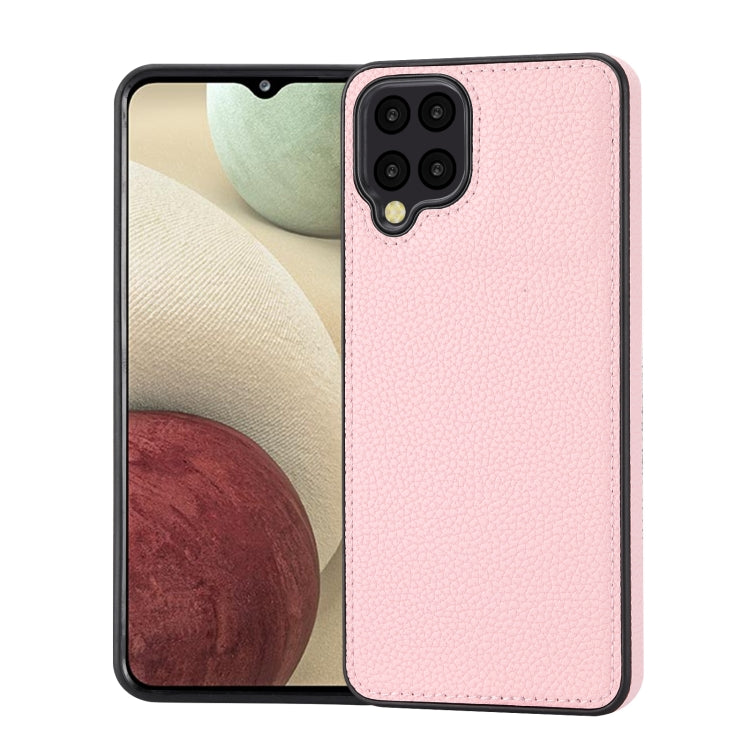 Samsung Galaxy A12 phone case featuring a litchi pattern with stitched design, providing stylish protection.