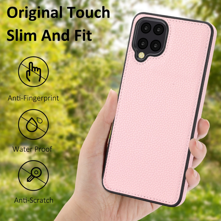 Samsung Galaxy A12 phone case featuring a litchi pattern with stitched design, providing stylish protection.