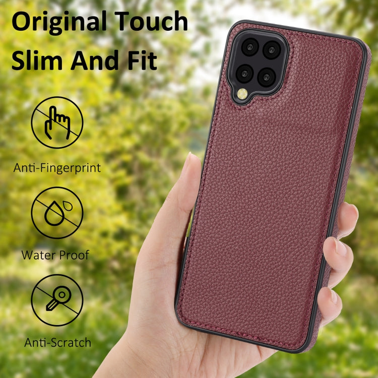 Samsung Galaxy A12 Litchi Pattern Stitched Side-mounted Phone Case, showcasing its stylish design and durable material.