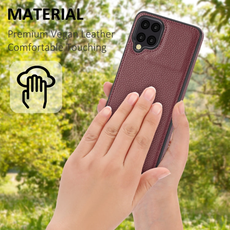 Samsung Galaxy A12 Litchi Pattern Stitched Side-mounted Phone Case, showcasing its stylish design and durable material.