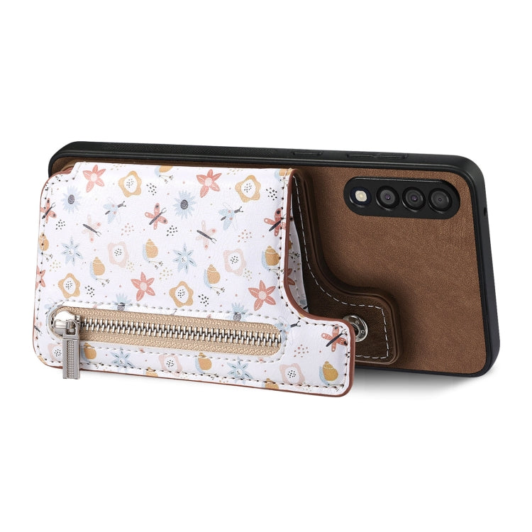 Retro painted zipper wallet case for Samsung Galaxy A13 5G and A04s, showcasing its stylish design and functional features.