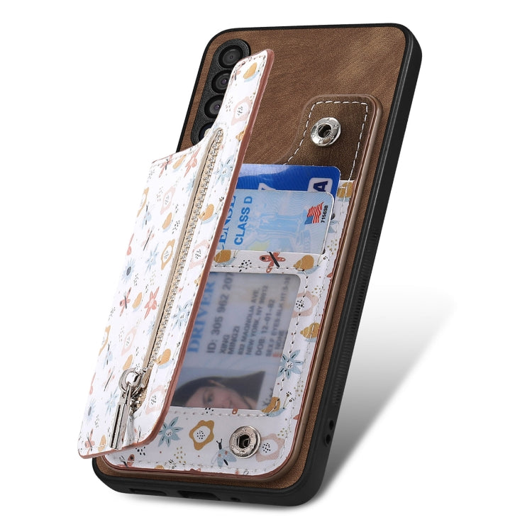 Retro painted zipper wallet case for Samsung Galaxy A13 5G and A04s, showcasing its stylish design and functional features.