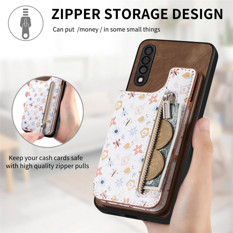 Retro painted zipper wallet case for Samsung Galaxy A13 5G and A04s, showcasing its stylish design and functional features.