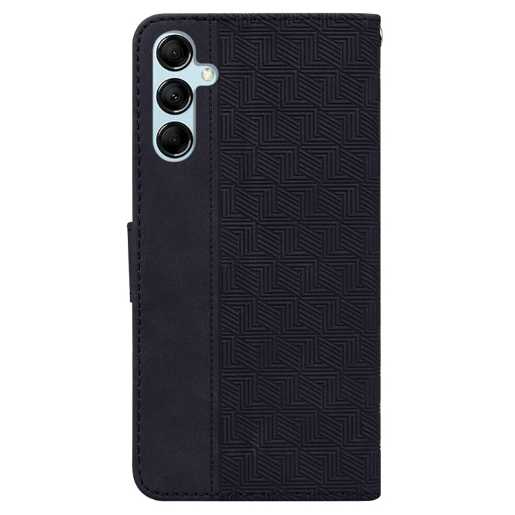 Black geometric embossed leather phone case designed for Samsung Galaxy A15, showcasing its stylish and durable design.