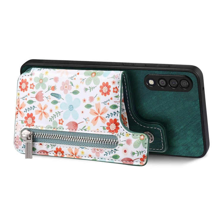 Retro painted zipper wallet case for Samsung Galaxy A22 5G, showcasing its stylish design and functional features.